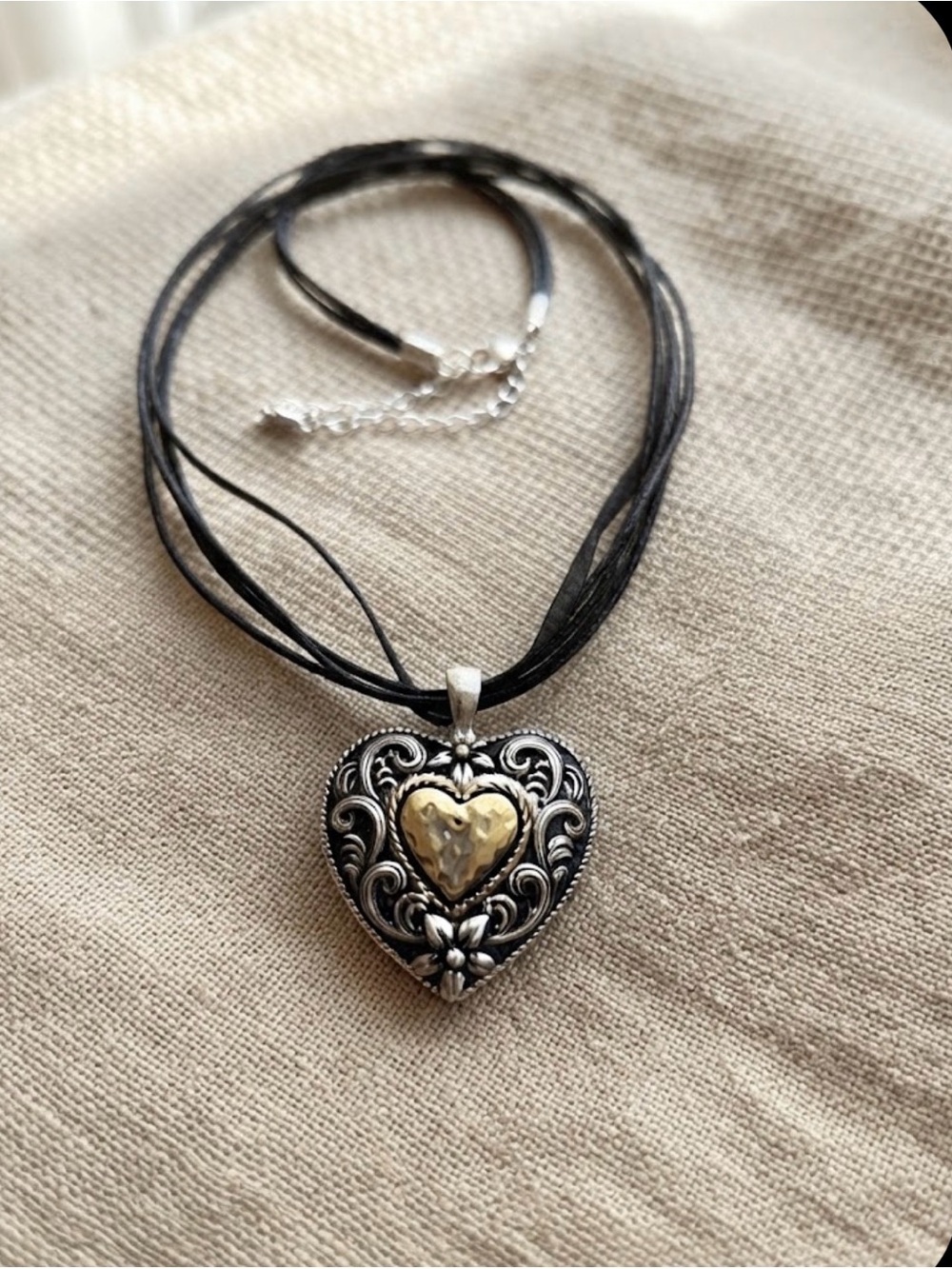 Two-Tone Heart Pendant Necklace - Black Cord, Gold & Silver Accent